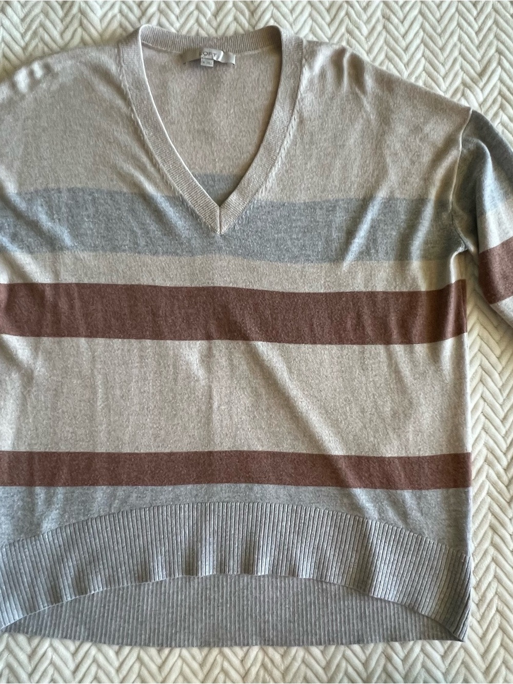 LOFT Striped V-Neck Sweater in Beige, Gray & Brown